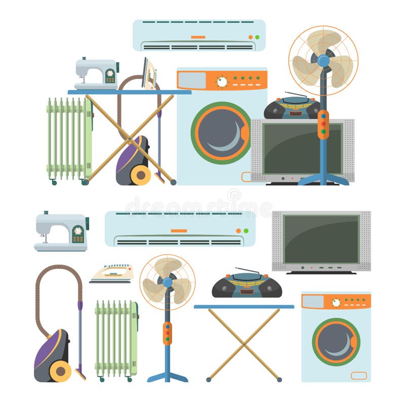 Sistema del vector de objetos de la electrónica casera aislados en el fondo blanco Iconos de los dispositivos de la casa libre illustration Sistema del vector de objetos de la electrónica casera aislados en el fondo blanco Iconos de los dispositivos de la casa libre illustration