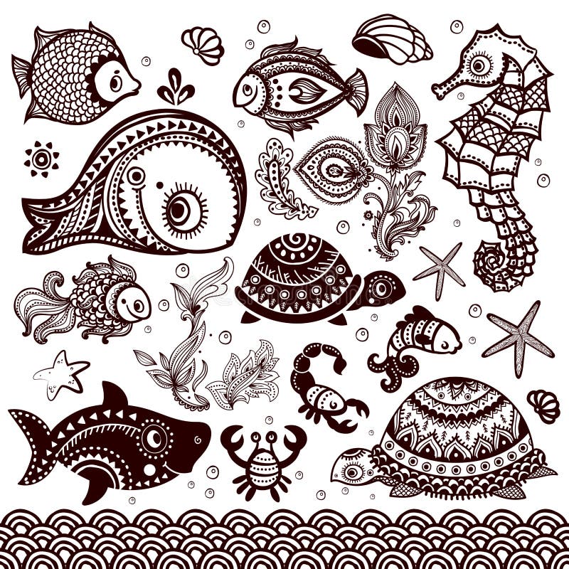 Sistema del vector de pescados y de flores con los ornamentos ilustración del vector Sistema del vector de pescados y de flores con los ornamentos ilustración del vector