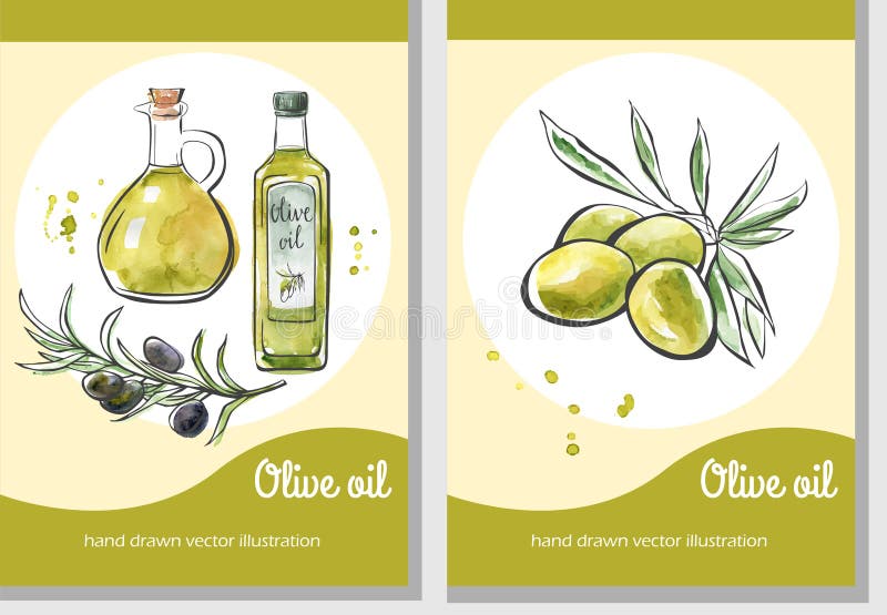 Sistema del vector de plantillas de la tarjeta del aceite de oliva stock de ilustración Sistema del vector de plantillas de la tarjeta del aceite de oliva stock de ilustración