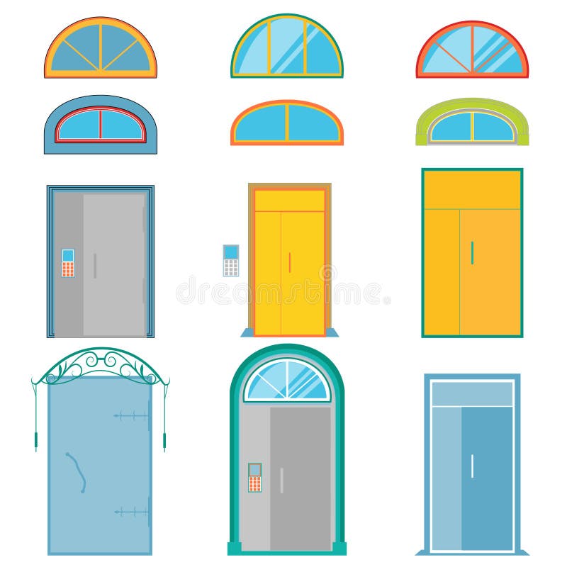 Sistema del vector de puertas y de tragaluces coloridos en el fondo blanco Azul, amarillo, gris, púrpura, turquesa libre illustration Sistema del vector de puertas y de tragaluces coloridos en el fondo blanco Azul, amarillo, gris, púrpura, turquesa libre illustration