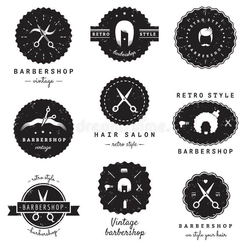 Sistema del vector del vintage de las logotipo-insignias de la barbería (salón de pelo) r