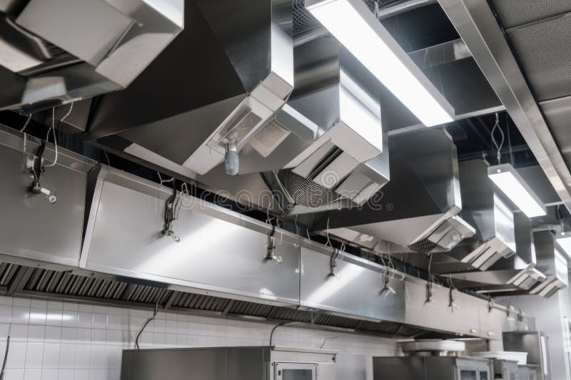 ventilation and exhaust system for a commercial kitchen, with hoods and fans providing optimal airflow, created with generative ai. ventilation and exhaust system for a commercial kitchen, with hoods and fans providing optimal airflow, created with generative ai