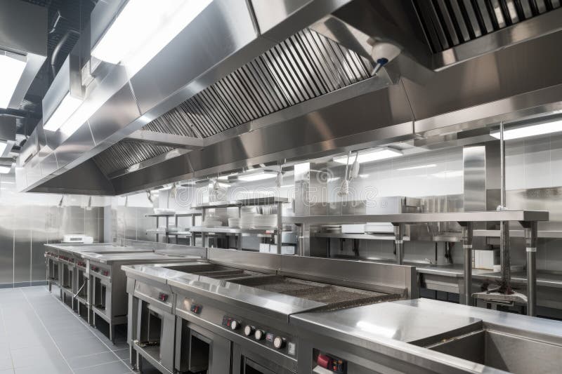 ventilation and exhaust system for a commercial kitchen, with hoods and fans providing optimal airflow, created with generative ai. ventilation and exhaust system for a commercial kitchen, with hoods and fans providing optimal airflow, created with generative ai