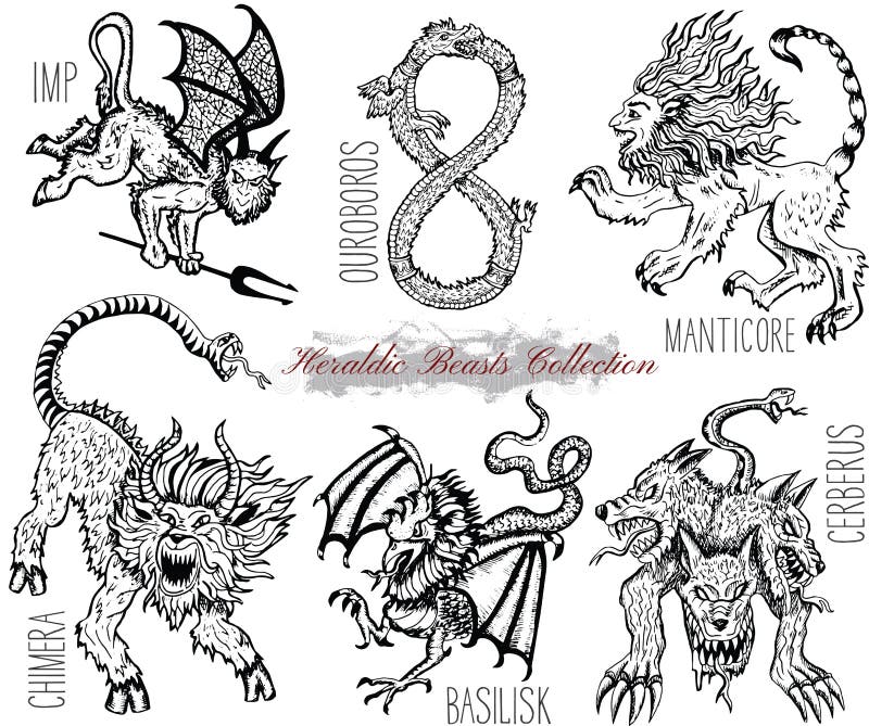 Sistema dibujado mano con las bestias heráldicas y los monstruos míticos aislados en blanco stock de ilustración Sistema dibujado mano con las bestias heráldicas y los monstruos míticos aislados en blanco stock de ilustración