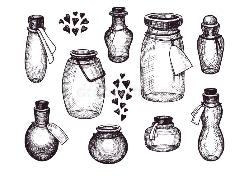 Sistema dibujado mano de botellas y de tarros de albañil y el grupo de corazón ilustración del vector Sistema dibujado mano de botellas y de tarros de albañil y el grupo de corazón ilustración del vector