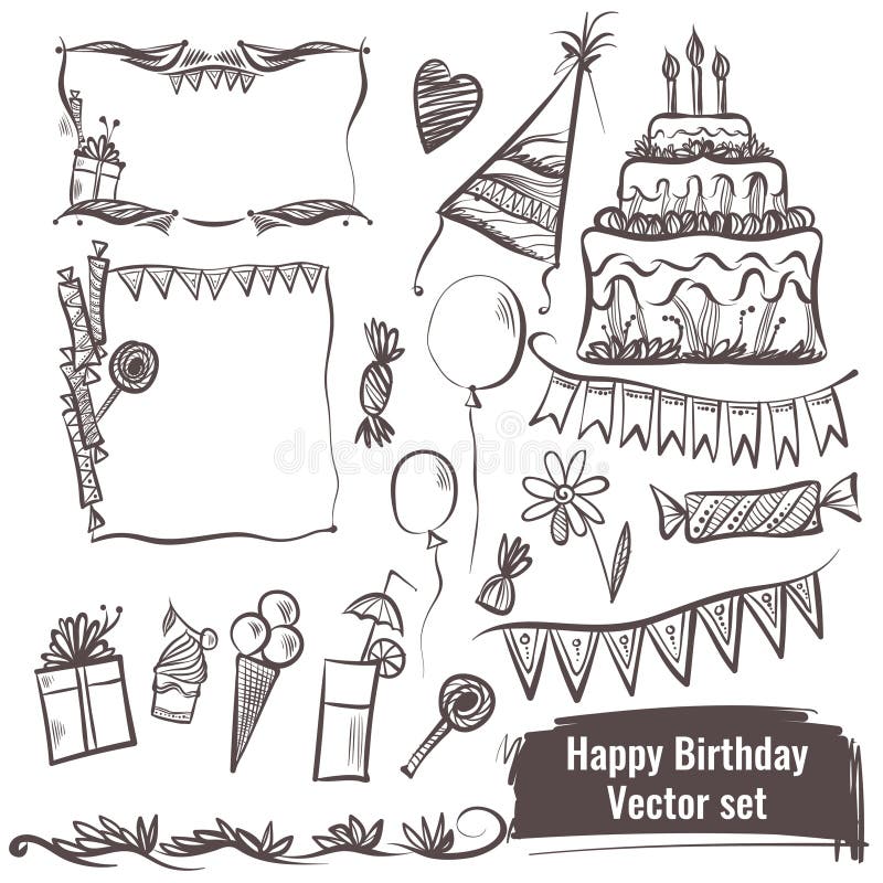 Sistema dibujado mano de elementos del vector Feliz cumpleaños stock de ilustración Sistema dibujado mano de elementos del vector Feliz cumpleaños stock de ilustración