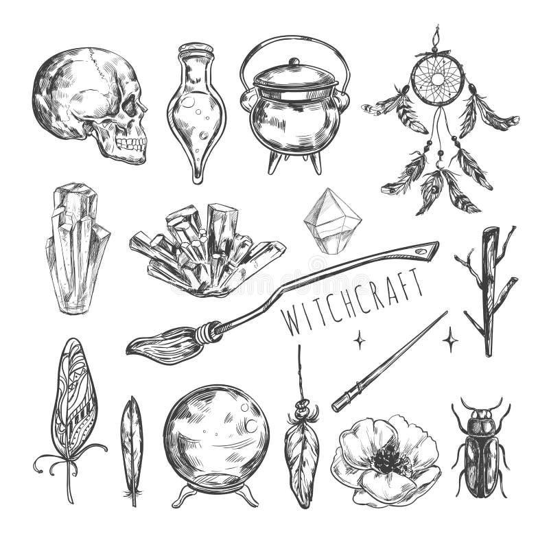 Sistema dibujado mano de la magia Vector la hechicería del ejemplo, la historieta aislada los símbolos Halloween de la colección ilustración del vector Sistema dibujado mano de la magia Vector la hechicería del ejemplo, la historieta aislada los símbolos Halloween de la colección ilustración del vector