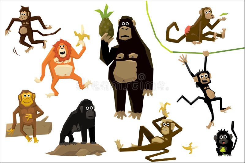 Sistema divertido del mono, monos de diversas razas en diversos ejemplos del vector de las situaciones en un fondo blanco ilustración del vector