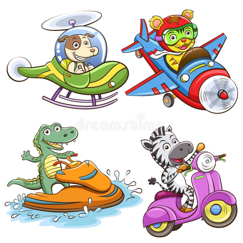 Sistema divertido del vehículo y del animal stock de ilustración Sistema divertido del vehículo y del animal stock de ilustración