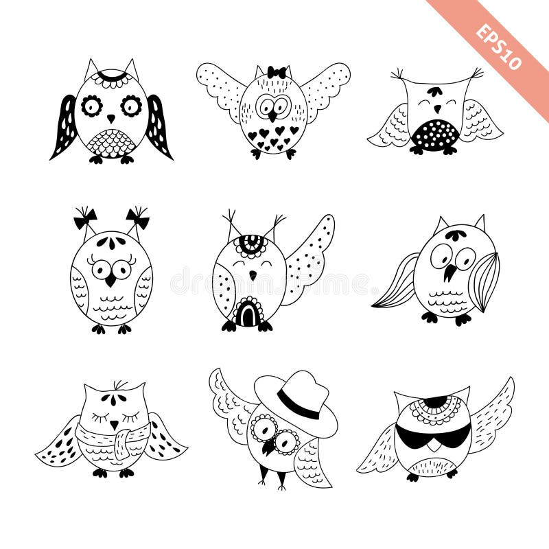 Sistema exhausto de los búhos del garabato de la mano stock de ilustración Sistema exhausto de los búhos del garabato de la mano stock de ilustración