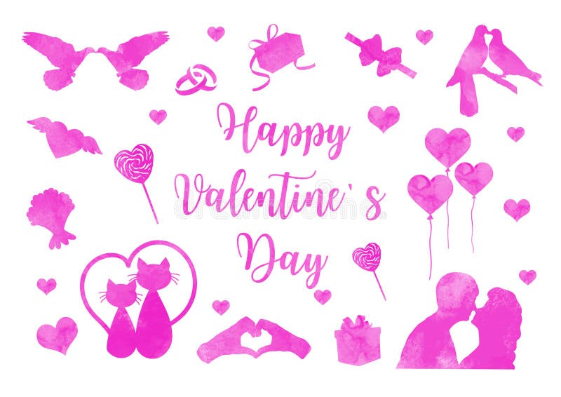 Sistema feliz del icono del d?a de tarjeta del d?a de San Valent?n de siluetas de la acuarela Colecci?n rom?ntica linda del amor ilustración del vector Sistema feliz del icono del d?a de tarjeta del d?a de San Valent?n de siluetas de la acuarela Colecci?n rom?ntica linda del amor ilustración del vector