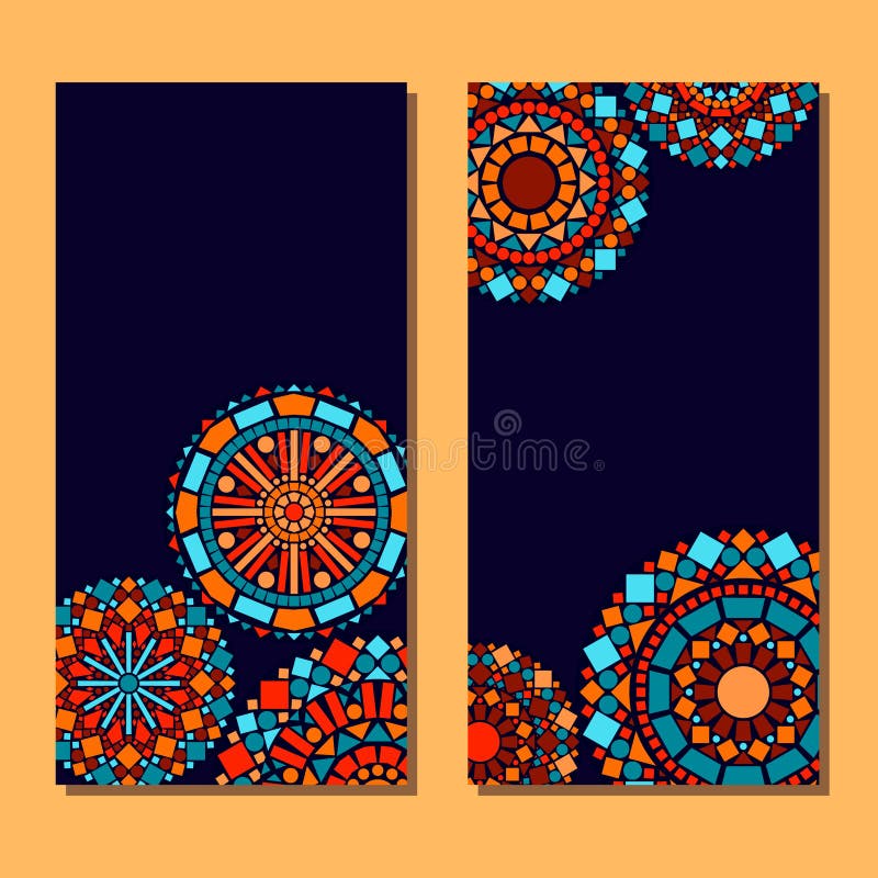 Sistema floral de la mandala del círculo colorido de fondo de las tarjetas en azul y anaranjado, vector libre illustration Sistema floral de la mandala del círculo colorido de fondo de las tarjetas en azul y anaranjado, vector libre illustration