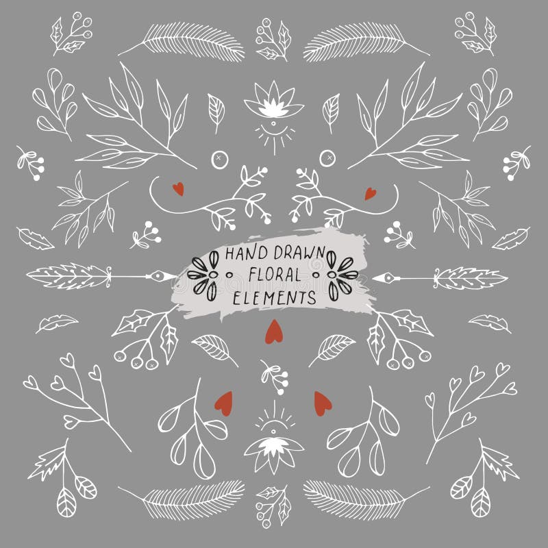 Sistema floral dibujado mano linda Colección botánica única de brunch, de hoja y de flor con efecto handdrawn libre illustration Sistema floral dibujado mano linda Colección botánica única de brunch, de hoja y de flor con efecto handdrawn libre illustration