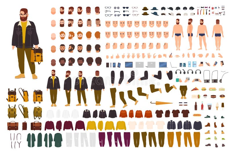 Fat man creation set or DIY kit. Collection of flat cartoon character body parts, face expressions, trendy hipster clothes isolated on white background. Front, side, back view. Vector illustration. Fat man creation set or DIY kit. Collection of flat cartoon character body parts, face expressions, trendy hipster clothes isolated on white background. Front, side, back view. Vector illustration