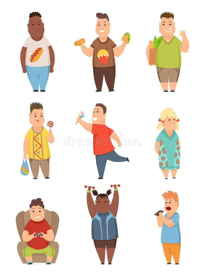Sistema gordo de los muchachos y de las muchachas, personajes de dibujos animados rechonchos lindos de los ni?os que comen el eje libre illustration Sistema gordo de los muchachos y de las muchachas, personajes de dibujos animados rechonchos lindos de los ni?os que comen el eje libre illustration