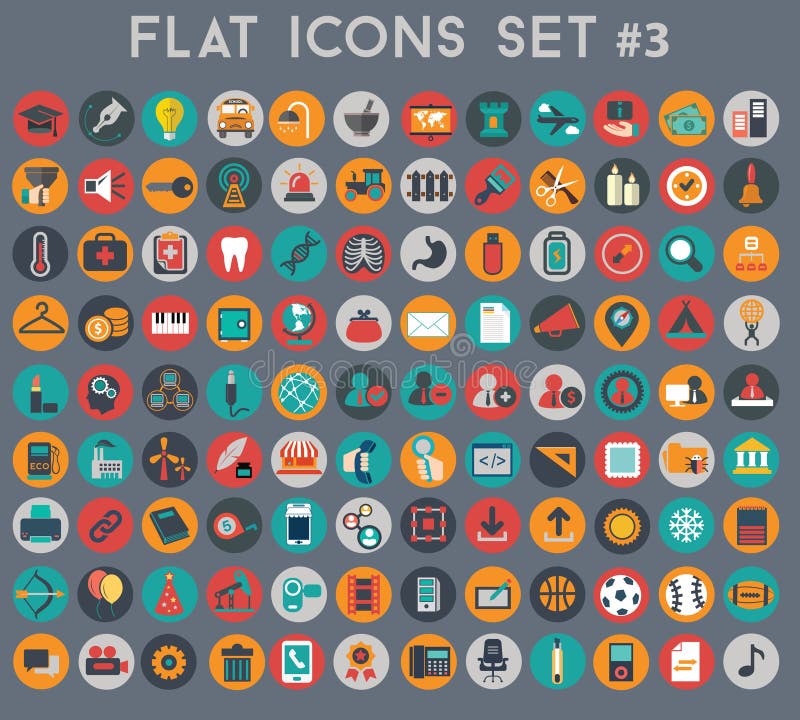 Sistema grande de iconos planos del vector con colores modernos stock de ilustración Sistema grande de iconos planos del vector con colores modernos stock de ilustración