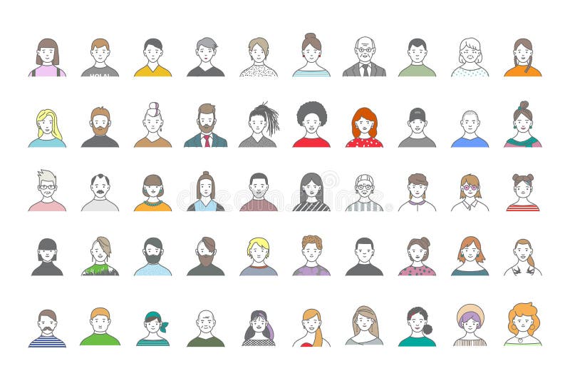 Sistema grande de los avatares de la gente para los medios sociales, sitio web Línea muchachas e individuos de moda de los retrat ilustración del vector Sistema grande de los avatares de la gente para los medios sociales, sitio web Línea muchachas e individuos de moda de los retrat ilustración del vector