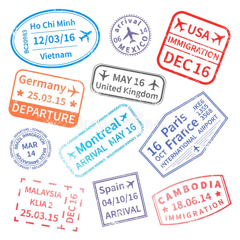 Sistema grande de sellos de visa del viaje internacional en blanco ilustración del vector Sistema grande de sellos de visa del viaje internacional en blanco ilustración del vector
