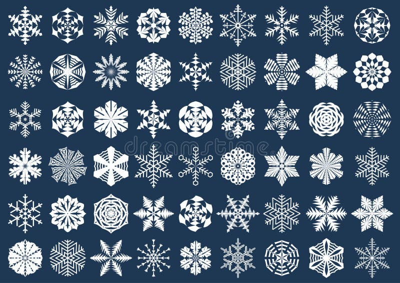 Sistema grande de siluetas blancas del copo de nieve aisladas en fondo azul Invierno, Año Nuevo, símbolos festivos de la Navidad stock de ilustración Sistema grande de siluetas blancas del copo de nieve aisladas en fondo azul Invierno, Año Nuevo, símbolos festivos de la Navidad stock de ilustración