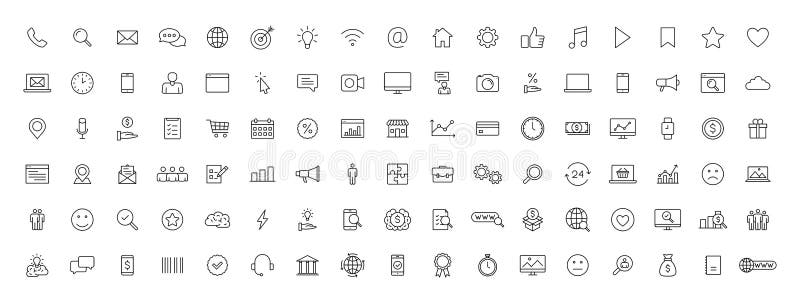 Sistema grande iconos de la web del negocio 100 y de las finanzas en la línea estilo Dinero, banco, contacto, oficina, pago, estr stock de ilustración Sistema grande iconos de la web del negocio 100 y de las finanzas en la línea estilo Dinero, banco, contacto, oficina, pago, estr stock de ilustración