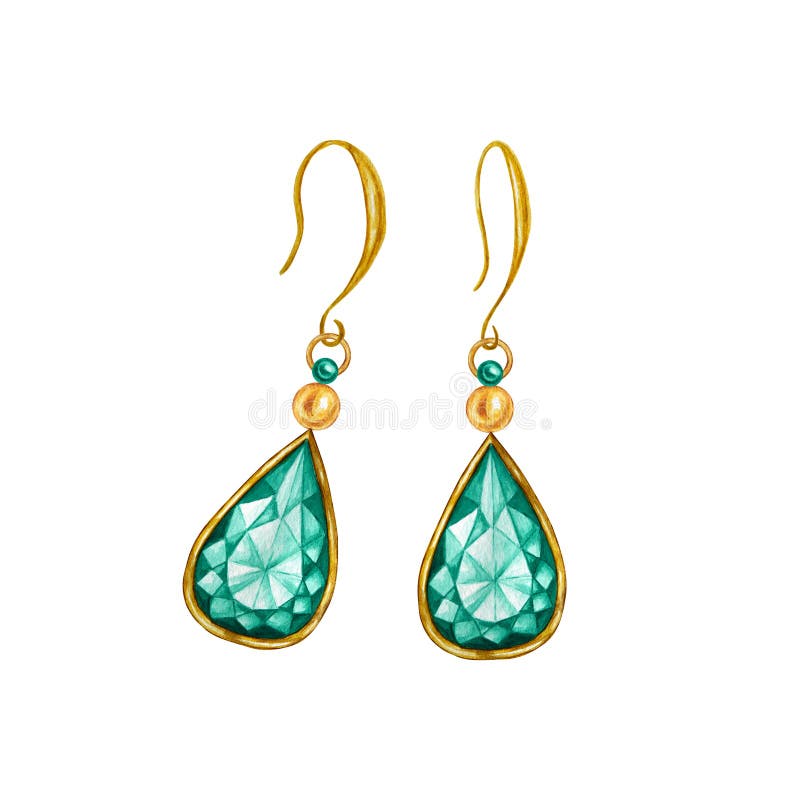 Sistema hermoso de la joyer?a. Dibujo acuarela Atarros dorados con cristales sobre fondo blanco. Cristal verde esmeralda libre illustration Sistema hermoso de la joyer?a. Dibujo acuarela Atarros dorados con cristales sobre fondo blanco. Cristal verde esmeralda libre illustration