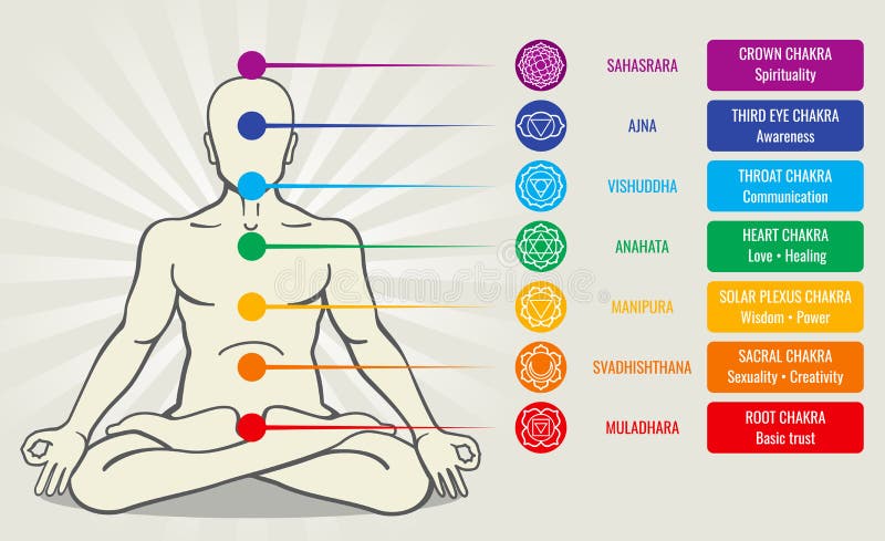 Human energy chakra system, ayurveda love asana vector illustration. Sahasrara and ajna, vishuddha and anahata. Human energy chakra system, ayurveda love asana vector illustration. Sahasrara and ajna, vishuddha and anahata