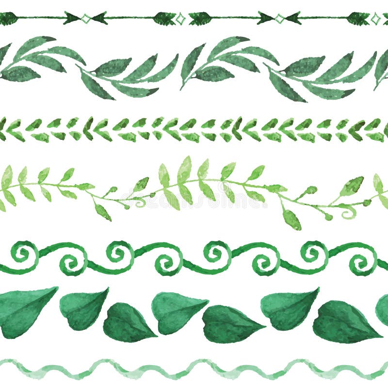 Set of watercolor green seamless border floral set. Hand painted branches,leaves,petal decor elements.Watercolor Handscetched brushes. Nature,organic items.Vector. Set of watercolor green seamless border floral set. Hand painted branches,leaves,petal decor elements.Watercolor Handscetched brushes. Nature,organic items.Vector
