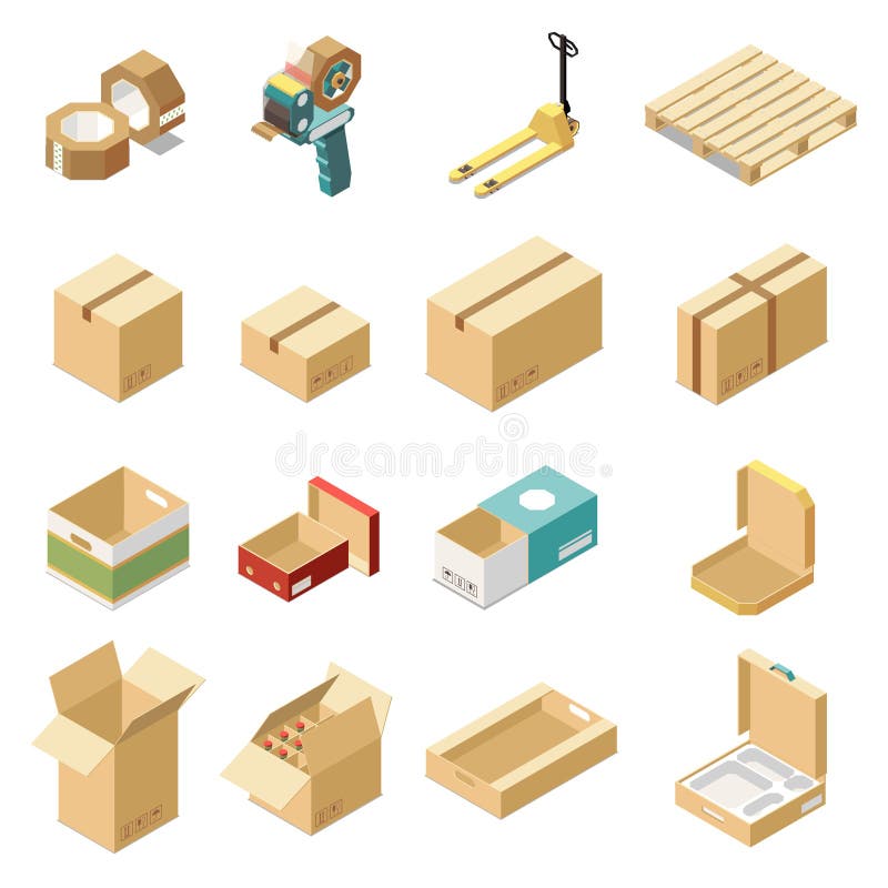 Isometric set with cardboard boxes for various kinds of goods and products isolated on white background 3d vector illustration. Isometric set with cardboard boxes for various kinds of goods and products isolated on white background 3d vector illustration