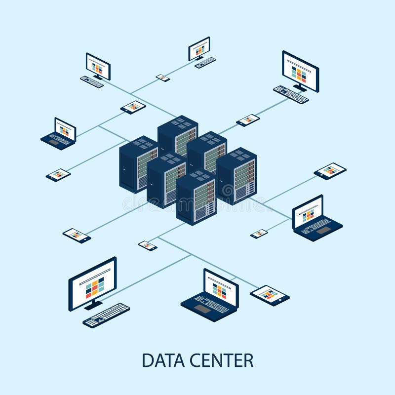 Sistema isométrico de los datos con vector de los elementos del centro de datos y de red ilustración del vector Sistema isométrico de los datos con vector de los elementos del centro de datos y de red ilustración del vector
