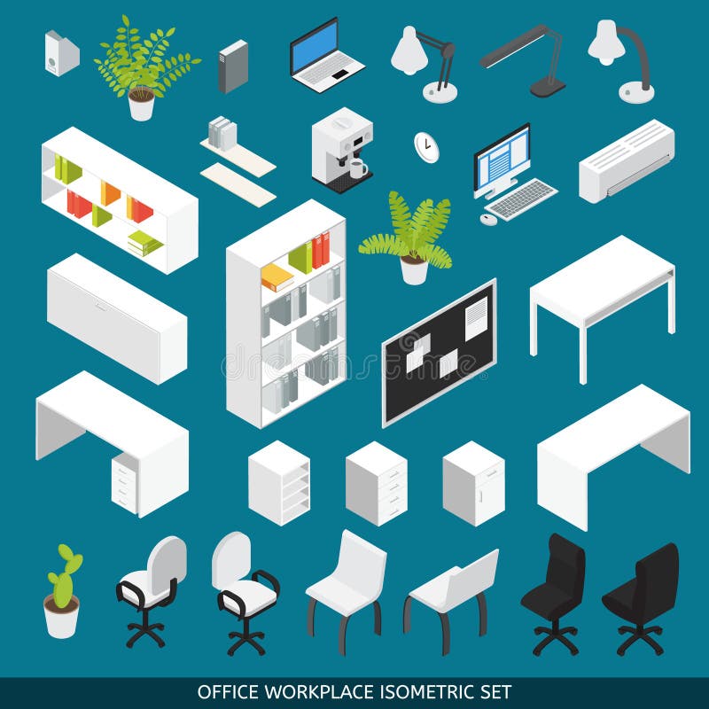 Sistema isométrico del icono del lugar de trabajo de la oficina stock de ilustración Sistema isométrico del icono del lugar de trabajo de la oficina stock de ilustración