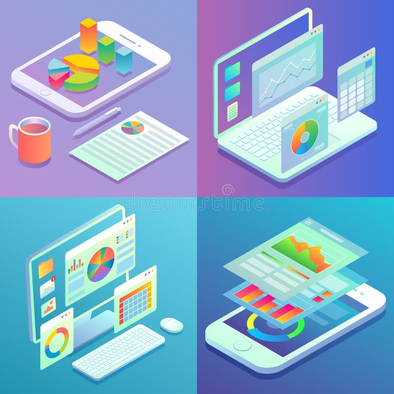 Sistema isométrico plano del cartel del vector del concepto del analytics del móvil y del web ilustración del vector Sistema isométrico plano del cartel del vector del concepto del analytics del móvil y del web ilustración del vector