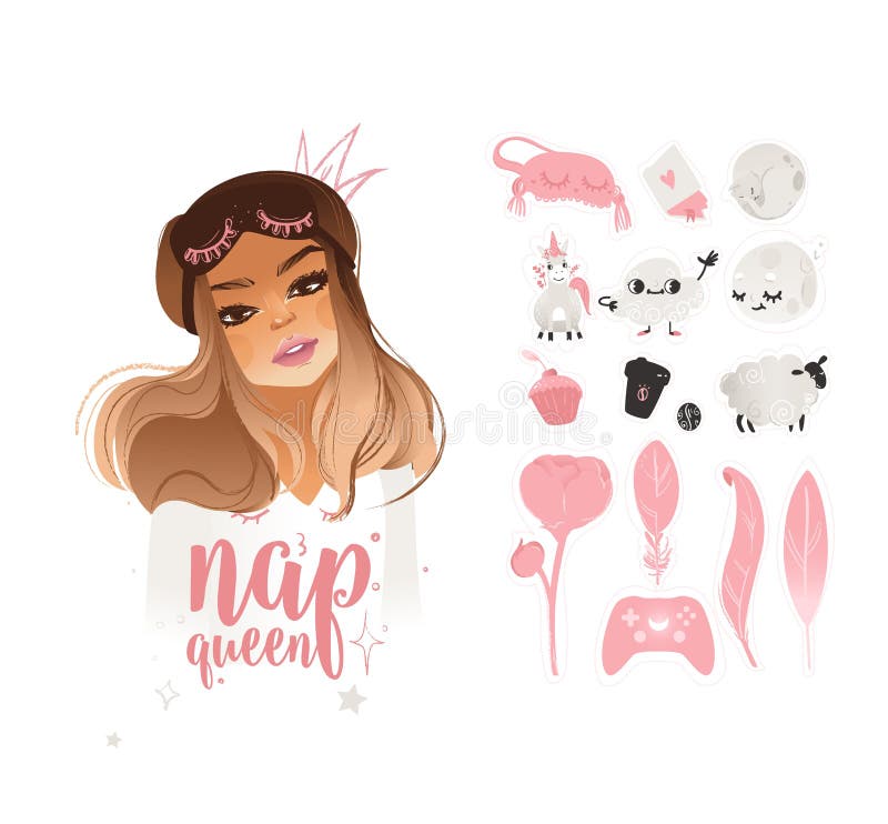 Sistema lindo de etiquetas engomadas rosadas de moda con una reina y letras rubias de la muchacha de la siesta libre illustration Sistema lindo de etiquetas engomadas rosadas de moda con una reina y letras rubias de la muchacha de la siesta libre illustration