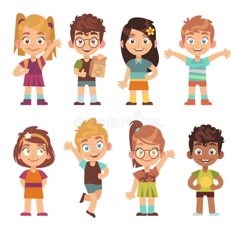 Sistema lindo de los niños de la historieta Los muchachos de las muchachas de los niños que colocan a adolescencias felices de lo ilustración del vector