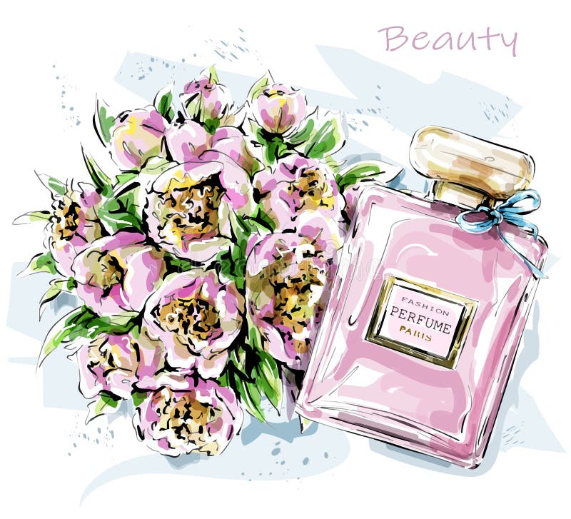Sistema lindo exhausto de la mano con las flores y la botella de perfume bosquejo ilustración del vector