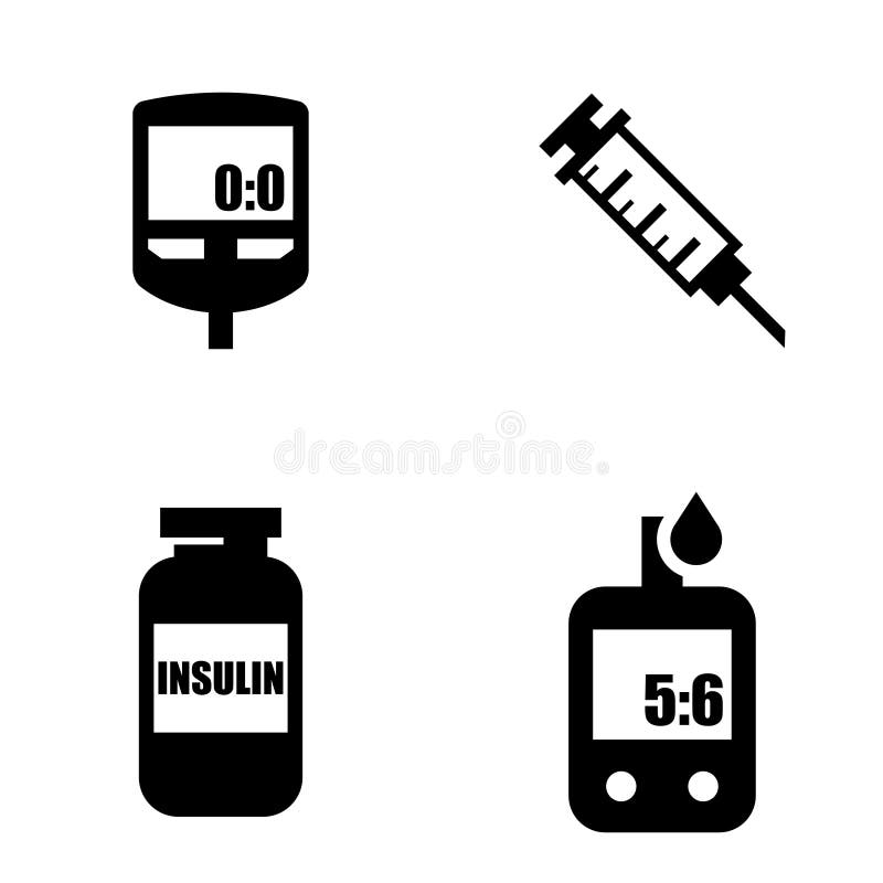 Sistema negro del icono de la diabetes Prueba de la glucosa en sangre stock de ilustración Sistema negro del icono de la diabetes Prueba de la glucosa en sangre stock de ilustración