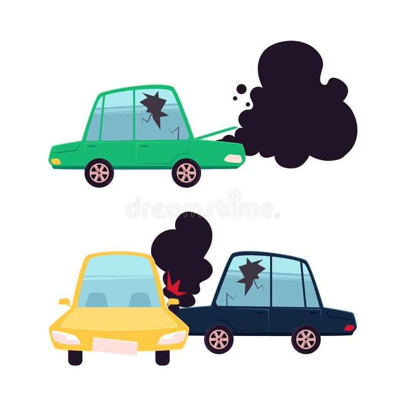 Vector flat cartoon car accident set. Two vehicle crashed, one got fire and black smoke from hood, cracked side window glass, broken auto. illustration on a white background. Vector flat cartoon car accident set. Two vehicle crashed, one got fire and black smoke from hood, cracked side window glass, broken auto. illustration on a white background.