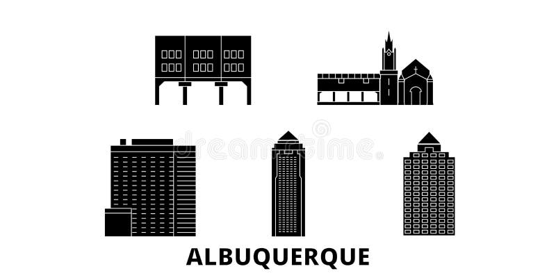 Sistema plano del horizonte del viaje de la ciudad de Estados Unidos, Albuquerque Ejemplo del vector de la ciudad del negro de la stock de ilustración Sistema plano del horizonte del viaje de la ciudad de Estados Unidos, Albuquerque Ejemplo del vector de la ciudad del negro de la stock de ilustración