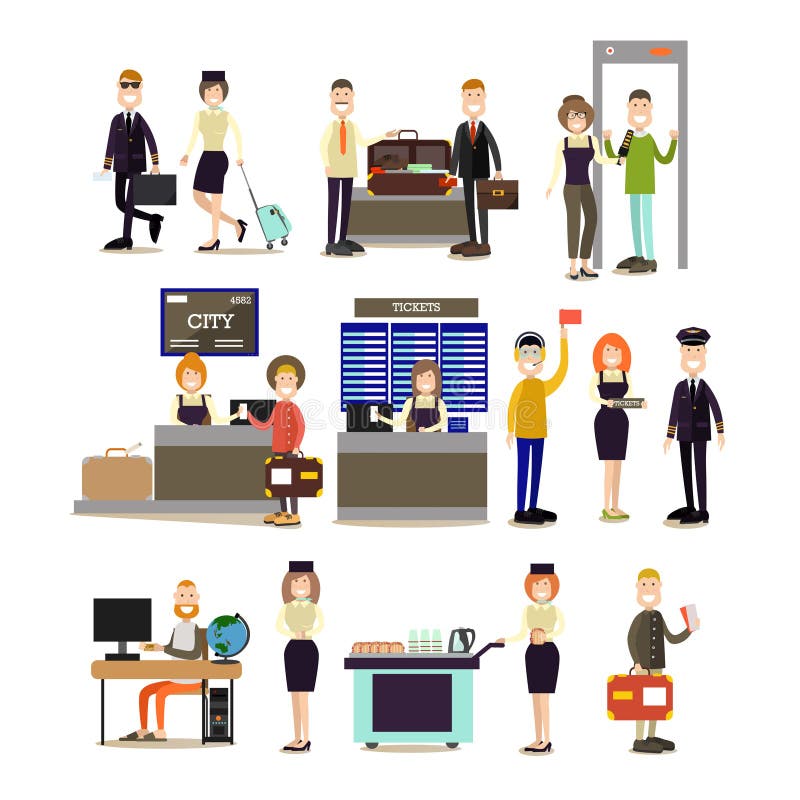 Sistema plano del icono del vector de la gente del aeropuerto libre illustration Sistema plano del icono del vector de la gente del aeropuerto libre illustration