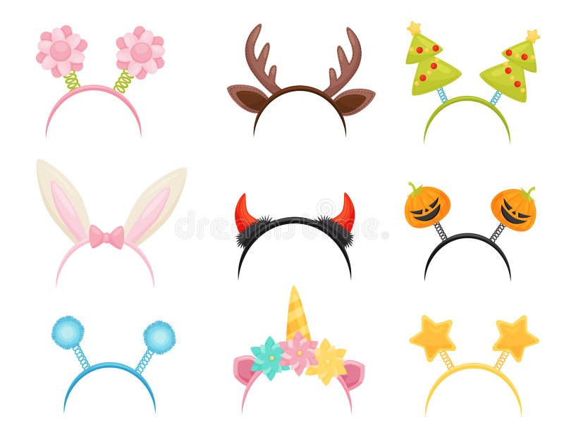 Sistema plano del vector de aros festivos del pelo Accesorios principales lindos para las celebraciones de días festivos Cualidad stock de ilustración Sistema plano del vector de aros festivos del pelo Accesorios principales lindos para las celebraciones de días festivos Cualidad stock de ilustración