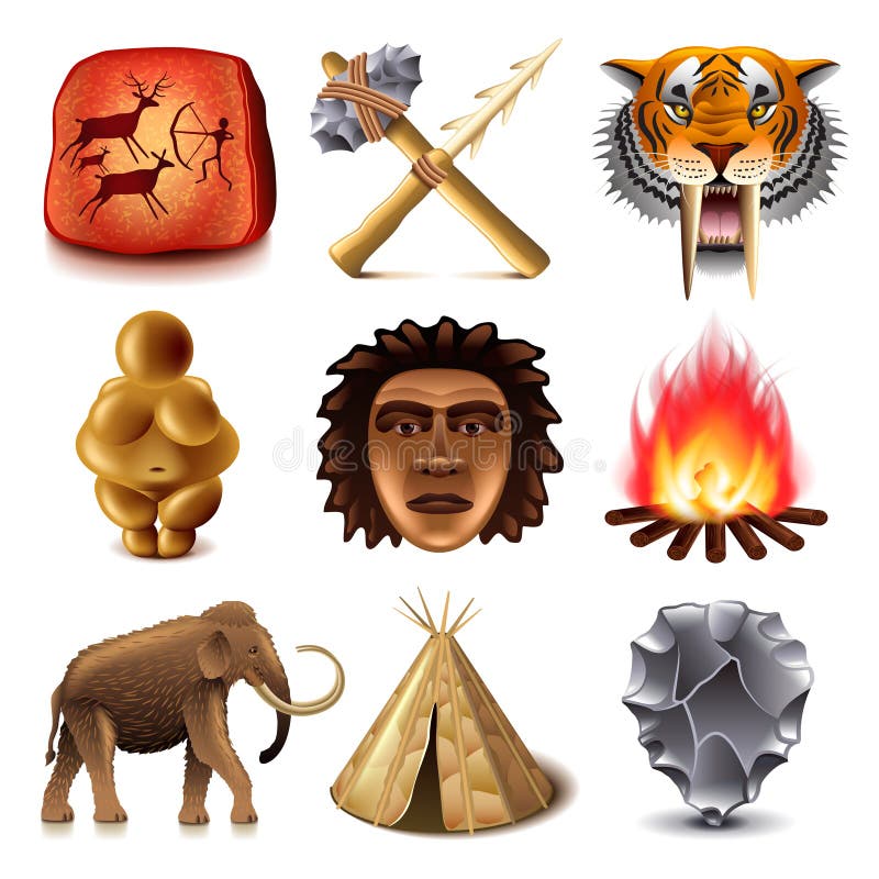 Sistema prehistórico del vector de los iconos de la gente ilustración del vector Sistema prehistórico del vector de los iconos de la gente ilustración del vector