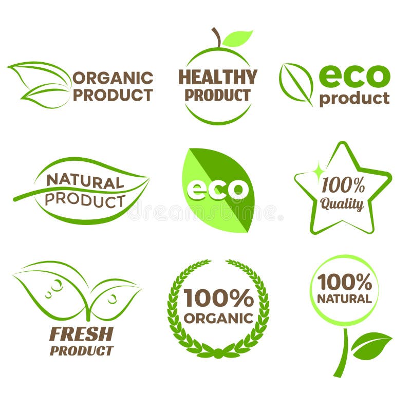 Sistema realista del vector del producto de Eco del logotipo de la foto orgánica de los iconos ilustración del vector Sistema realista del vector del producto de Eco del logotipo de la foto orgánica de los iconos ilustración del vector