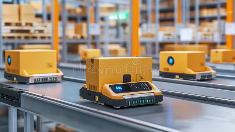 Sistema robotico avanzato completamente automatizzato in moderno data warehouse illustrazione di stock