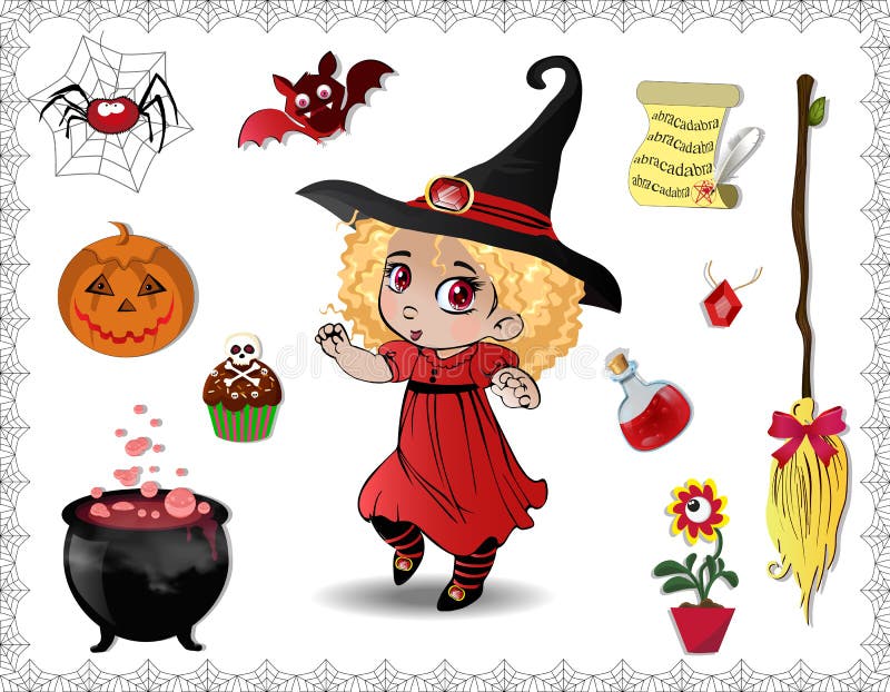 Sistema Azul De La Historieta De Halloween De Los Objetos Para Las Brujas Y La Muchacha Linda De La Bruja En El Fondo Blanco Ilustración del Vector - Ilustración de crisol, mago: Sistema Azul De La Historieta De Halloween De Los Objetos Para Las Brujas Y La Muchacha Linda De La Bruja En El Fondo Blanco Ilustración del Vector - Ilustración de crisol, mago: