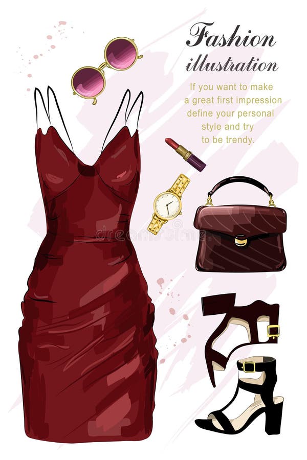 Sistema romántico de la ropa de la tarde La ropa de la moda fijó con el vestido, zapatos, bolso, lápiz labial, gafas de sol, relo stock de ilustración Sistema romántico de la ropa de la tarde La ropa de la moda fijó con el vestido, zapatos, bolso, lápiz labial, gafas de sol, relo stock de ilustración