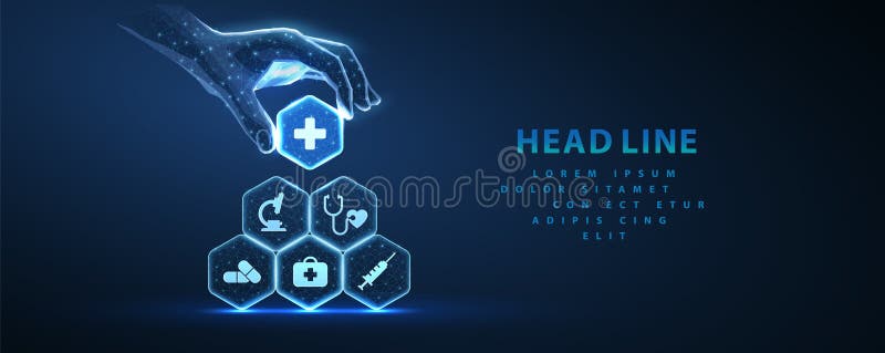 Healthcare system. Medical icons on hexagons made pyramid and hand holding the top element. Health care plane, patient service digital technology, ai integrate, futuristic pharmacy innovation concept. Healthcare system. Medical icons on hexagons made pyramid and hand holding the top element. Health care plane, patient service digital technology, ai integrate, futuristic pharmacy innovation concept