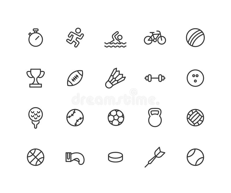 Sistema simple de la línea iconos del vector de los juegos del deporte Contiene los iconos tales como la bola, bicicleta, fútbol, libre illustration Sistema simple de la línea iconos del vector de los juegos del deporte Contiene los iconos tales como la bola, bicicleta, fútbol, libre illustration
