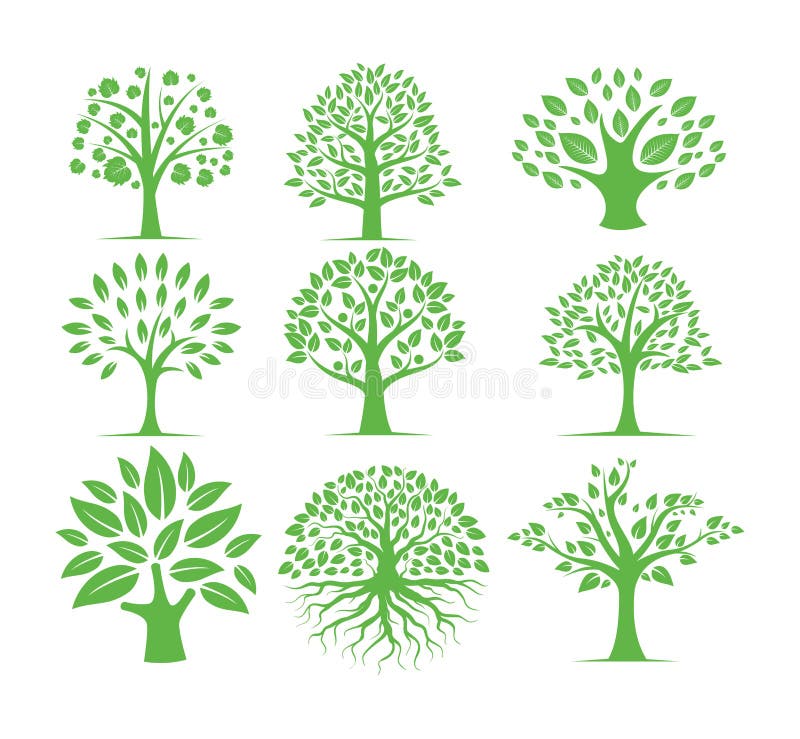 sistema verde del diseño del logotipo del vector del árbol de la silueta