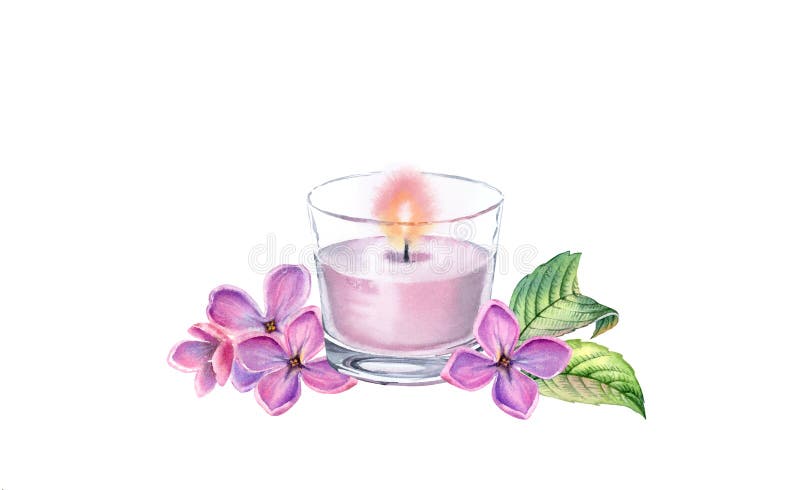 Sistemazione della candela di colore d'acqua con fiori di lilla Pittura in vetro rosa PSA e prodotti cosmetici isolati su bianco
