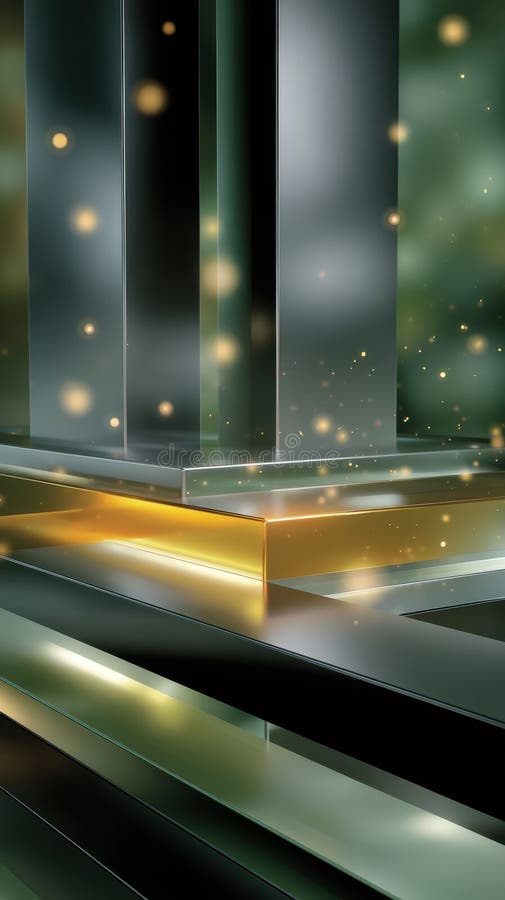 Sistemazione elegante di piani verticali e orizzontali riflettenti con illuminazione dorata e verde. Generato dall'AI