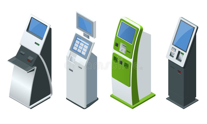 Sisteme de plată online vector izometric și terminale de plată selfservice cu cardul de debit și chitanța de numerar. nfc vector illustration
